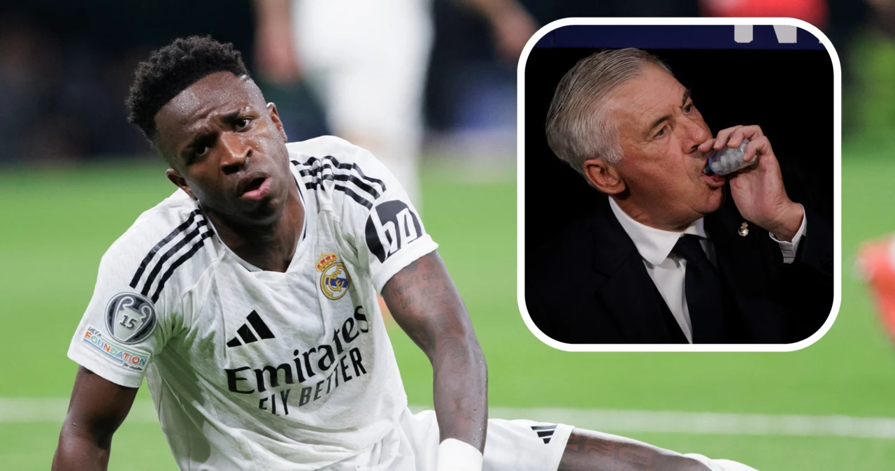 Gwiazdor Realu Madryt Vinicius Junior oraz trener Carlo Ancelotti