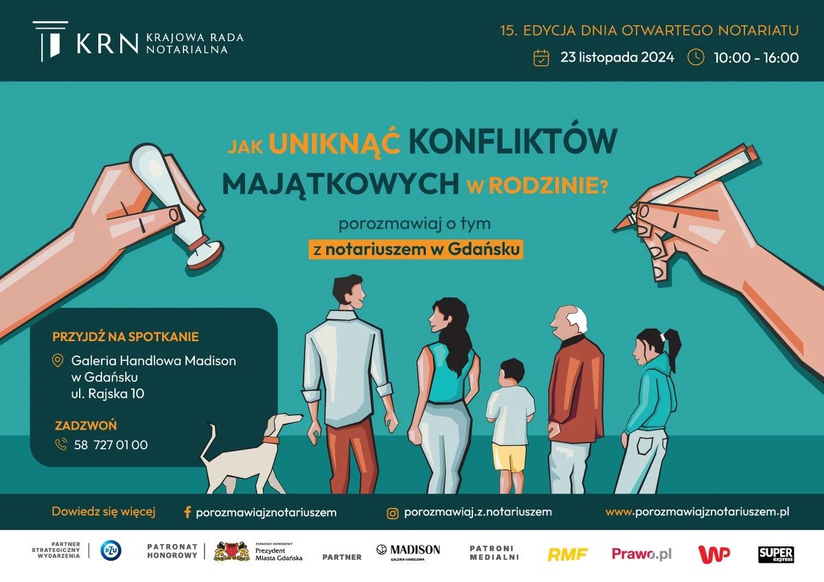 Już 23 listopada odbędzie się 15. edycja Dnia Otwartego Notariatu – ogólnopolskiej akcji edukacyjnej, w czasie której każdy może bezpłatnie skonsultować się z notariuszem. Temat przewodni brzmi „Jak uniknąć konfliktów majątkowych w rodzinie”. 