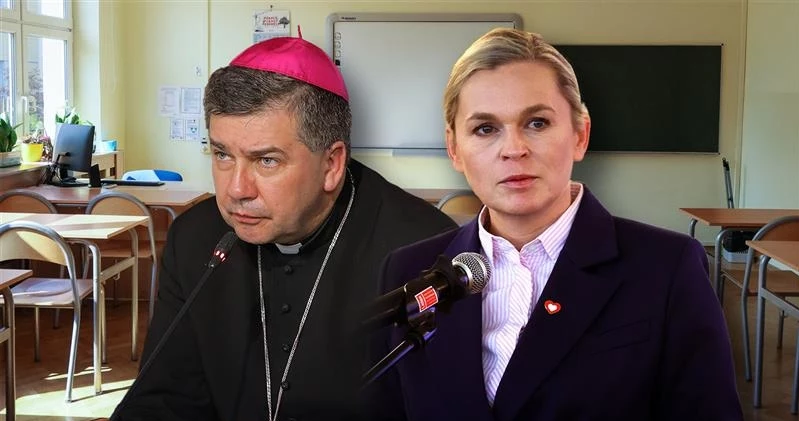 Od lewej: bp Wojciech Osial, przewodniczący Komisji Wychowania Katolickiego KEP oraz Barbara Nowacka, szefowa resortu edukacji