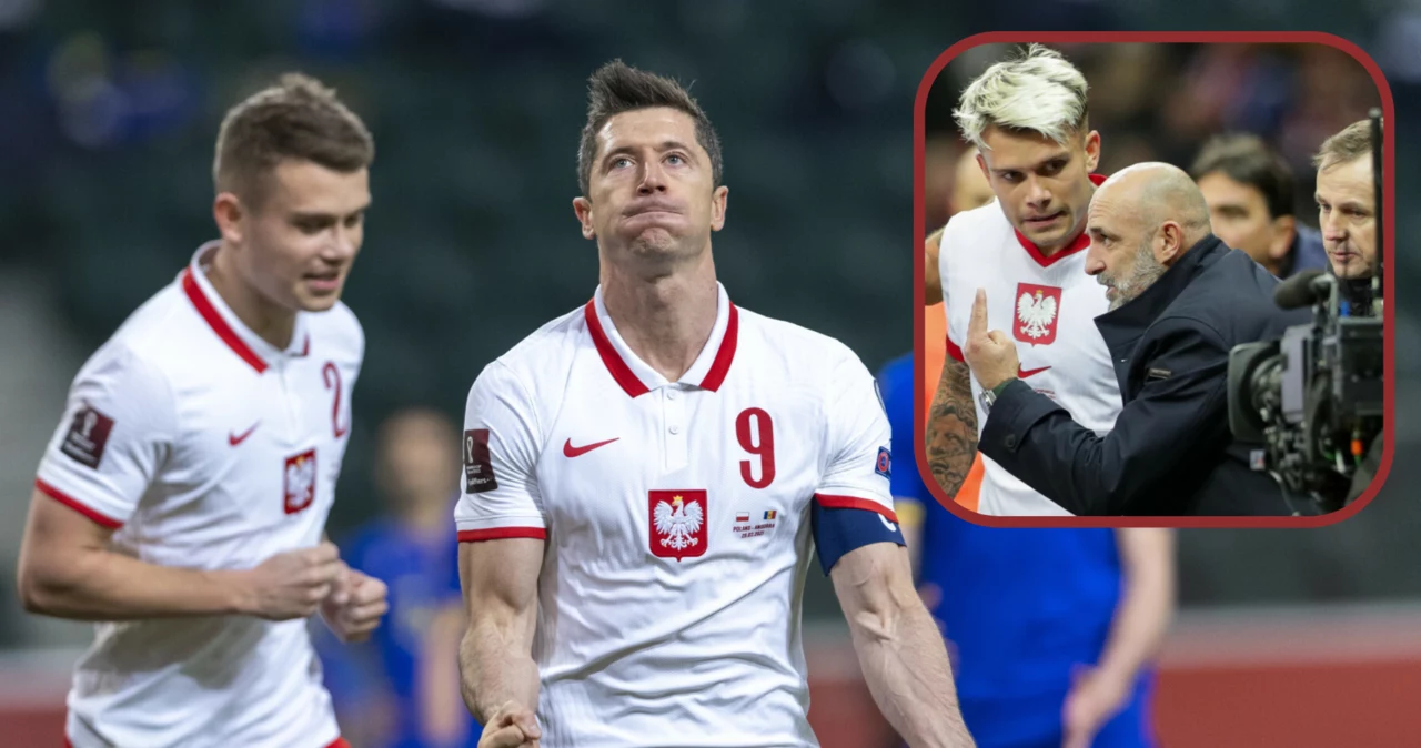 Reprezentacja Polski. Na zdjęciu Kamil Piątkowski, Robert Lewandowski oraz selekcjoner Michał Probierz