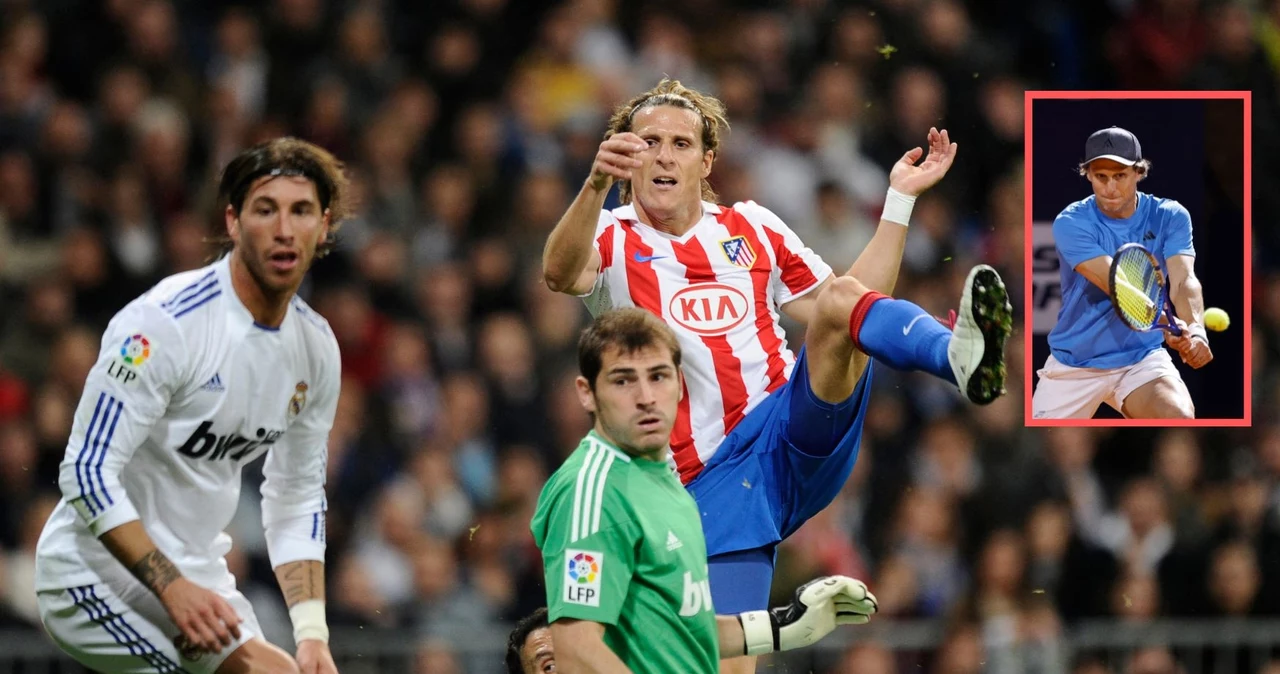 Diego Forlan w meczu Atletico z Realem Madryt. W kwadracie tenisowy debiut zawodowy w wieku 45 lat