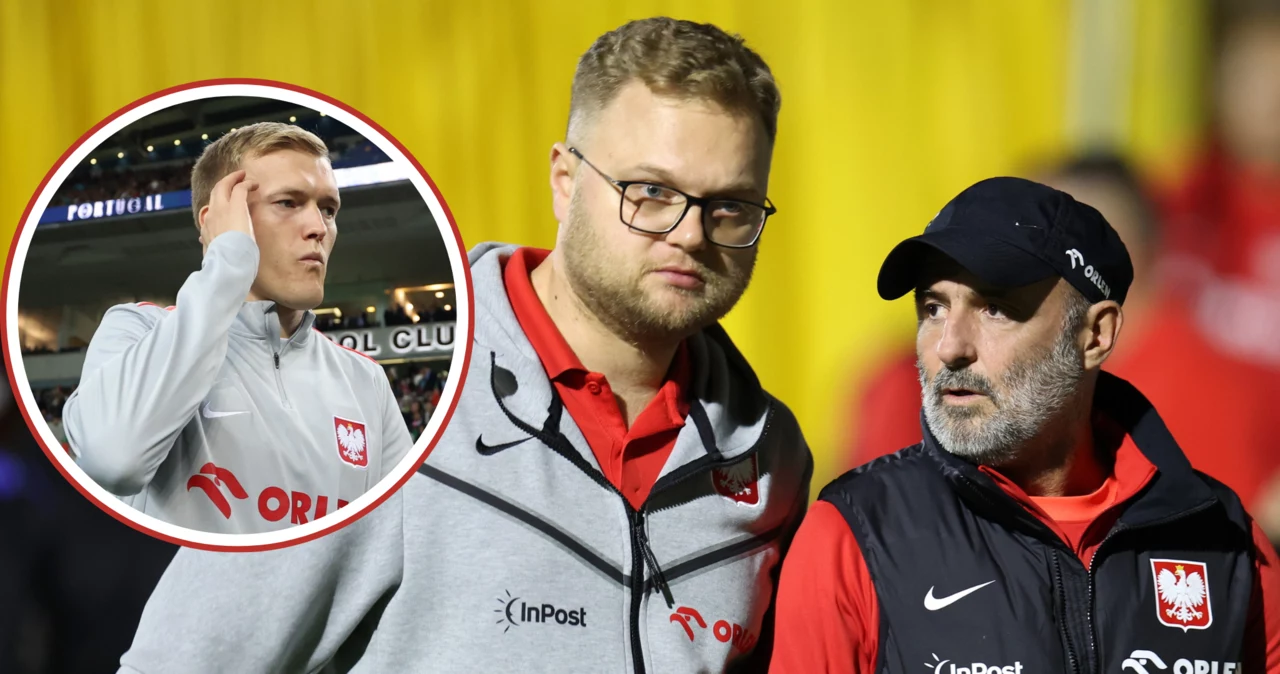 Reprezentacja Polski. Na zdjęciu: Karol Świderski, team manager Łukasz Gawrjołek oraz selekcjoner Michał Probierz