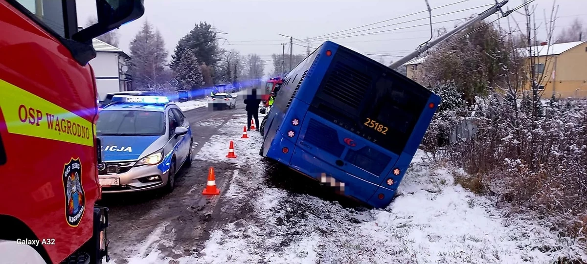 Chwile grozy w Piasecznie koło Warszawy. Podmiejski autobus z dwudziestoma pasażerami uderzył w słup i wjechał do rowu po tym, jak 23-letni kierowca zajechał mu drogę.
