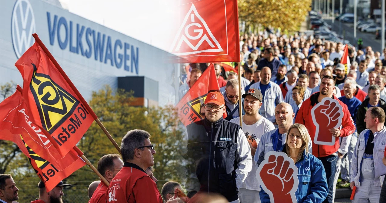 Demonstracja pracowników firmy Volkswagen w Zwickau w Niemczech z powodu informacji o planach zamknięcia trzech fabryk 