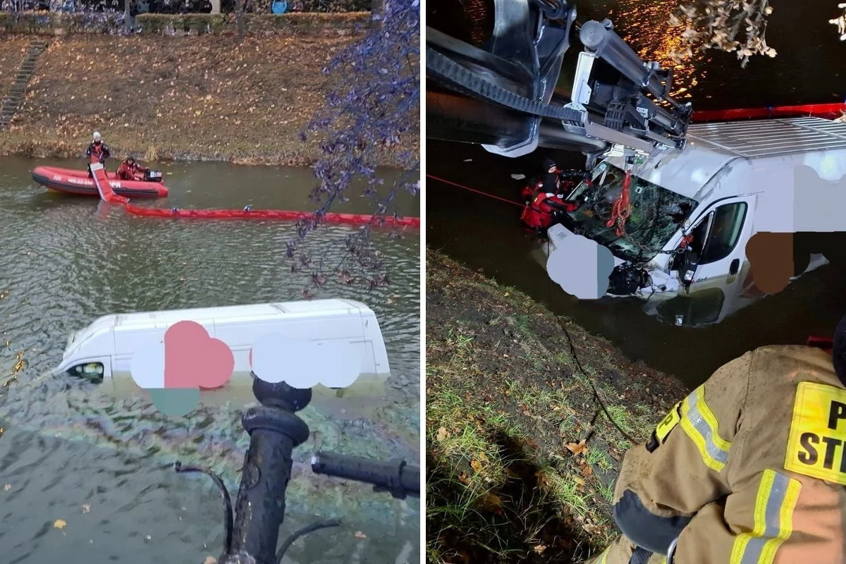 Do nietypowego wypadku doszło we Wrocławiu. Kierowca dostawczego busa wypadł z drogi i wpadł do fosy. 