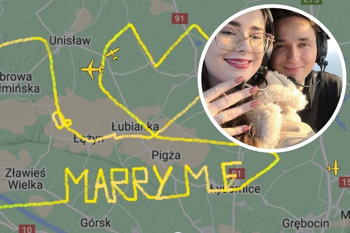 W niedzielę na pokładzie śmigłowca, który wystartował z Bydgoszczy, 26-letni Aleksander oświadczył się 20-letniej Oliwii. Trasa maszyny widoczna w aplikacji do śledzenia lotów ułożyła się w napis "Marry me" (wyjdź za mnie). 