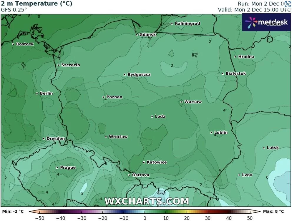 Poniedziałek będzie dosyć ciepły, z temperaturami dochodzącymi do około 10 stopni Celsjusza, choć poranek w wielu miejscach był mroźny