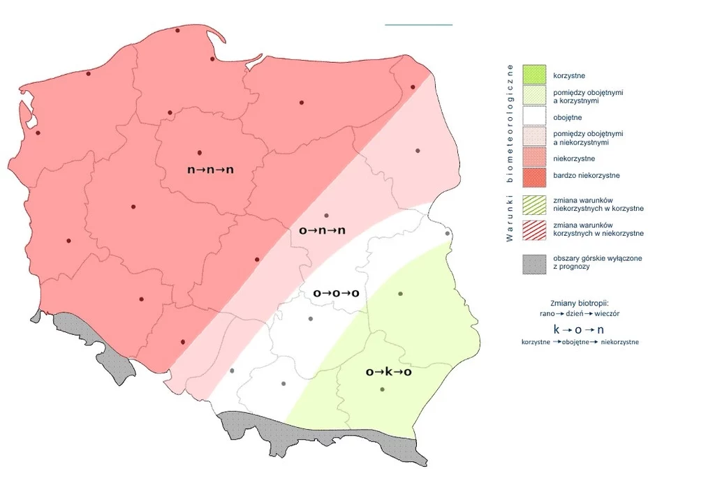 W większości kraju warunki biometeorologiczne będą niekorzystne przez cały dzień. Najlepszych warunków można oczekiwać na południowym wschodzie