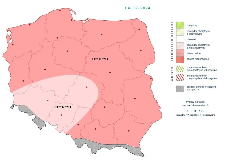 W większości kraju warunki biometeorologiczne będą niekorzystne. Tylko na południowym zachodzie w ciągu dnia przejściowo staną się obojętne