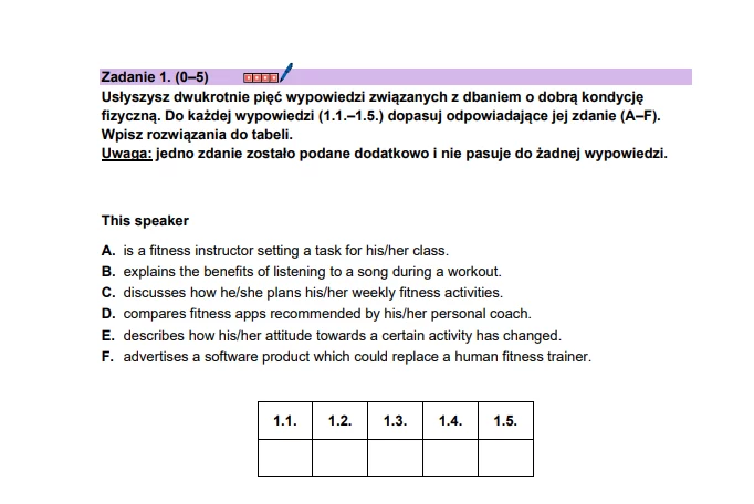 Arkusz z matury próbnej z angielskiego. Zadanie 1.