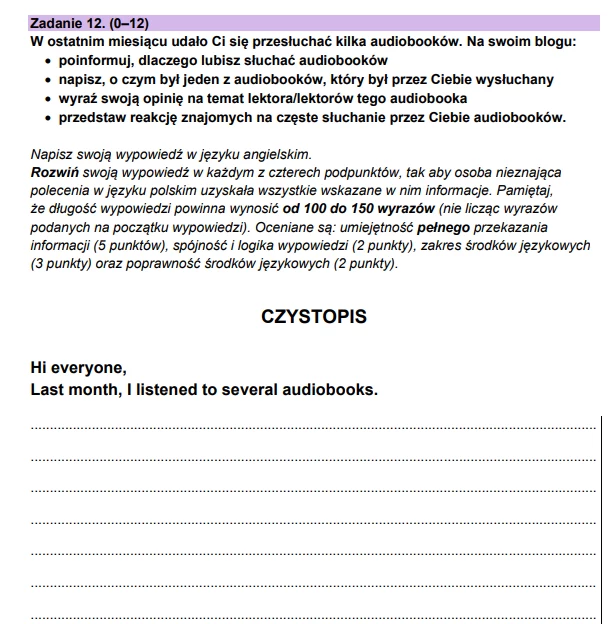 Arkusz z matury próbnej z angielskiego. Zadanie 12.