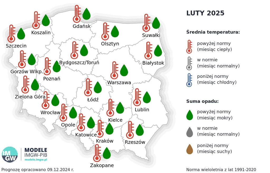 Luty w całym kraju będzie nie tylko cieplejszy niż zwykle, lecz również suma opadów przekroczy średnią wieloletnią