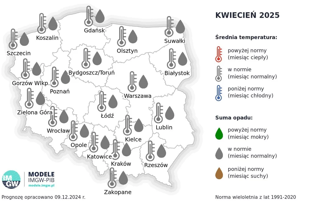 W najnowszej prognozie długoterminowej IMGW jedynie w kwietniu zarówno temperatury, jak i suma opadów będą typowe dla tego okresu