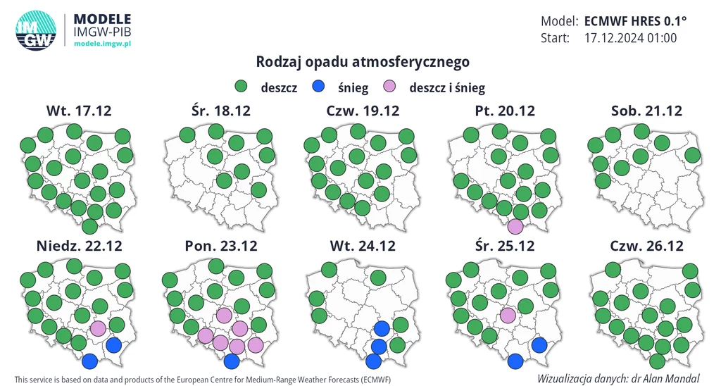 W Wigilię na opady śniegu będą mogli liczyć przede wszystkim mieszkańcy województw małopolskiego i świętokrzyskiego. W Boże Narodzenie może sypać na Podkarpaciu