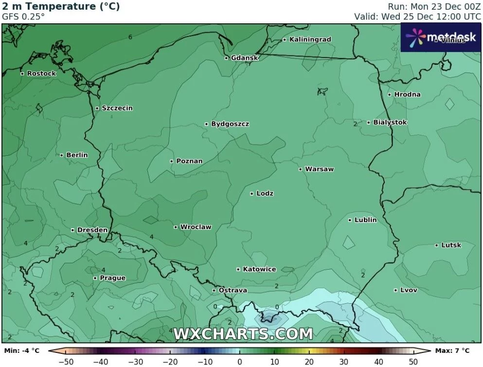 25 grudnia najchłodniej będzie na terenach podgórskich Karpat, gdzie mróz wyniesie -3 st. C