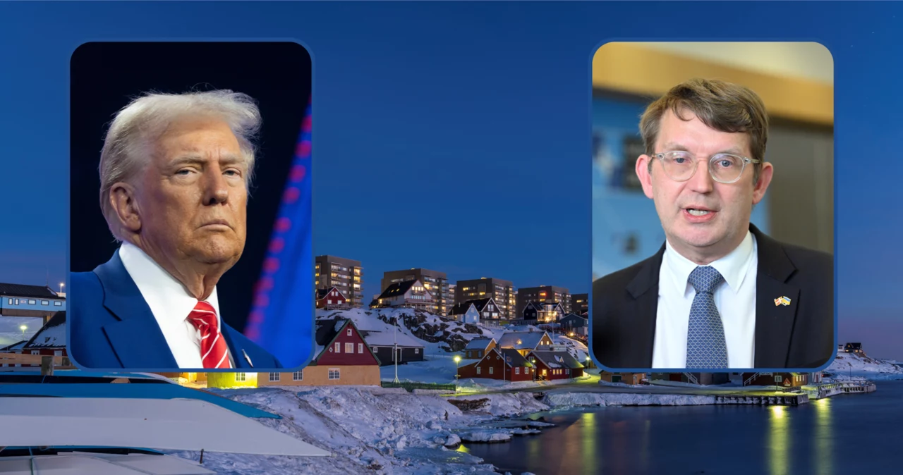 Donald Trump i minister obrony Danii na tle stolicy Grenlandii, miasta Nuuk