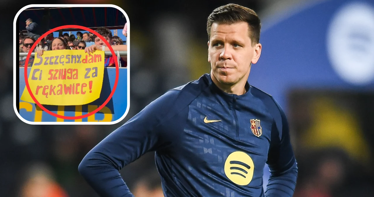 FC Barcelona. Na zdjęciu Wojciech Szczęsny i transparent wywieszony przez fanów "Dumy Katalonii"