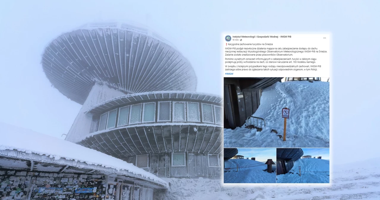 IMGW poinformował o wejściu turystów na dach nieczynnej restauracji Wysokogórskiego Obserwatorium Meteorologicznego IMGW na Śnieżce. Zapowiada kroki prawne. Zdjęcie główne ilustracyjne