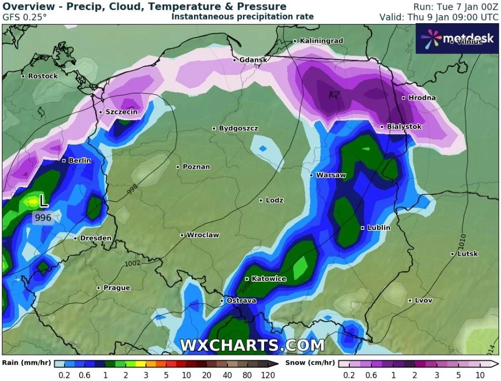 Pogoda w czwartek będzie nieprzyjemna i pełna opadów. Na południu lokalnie spadnie deszcz, a w reszcie kraju deszcz ze śniegiem i śnieg