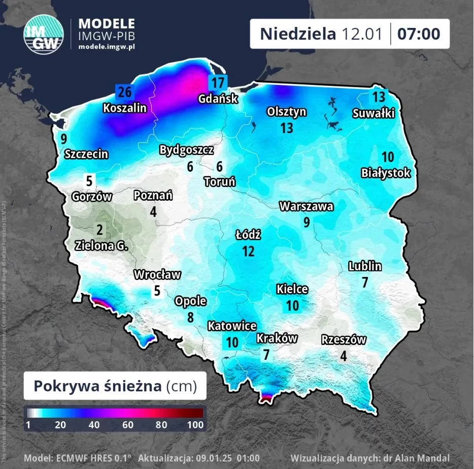 Pod koniec weekendu na Pomorzu i Pomorzu Zachodnim miejscami wciąż może się utrzymywać kilkudziesięciocentymetrowa warstwa śniegu