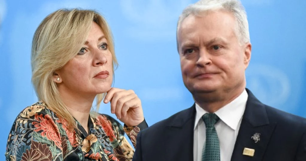 Rzeczniczka rosyjskiego MSZ Marija Zacharowa i prezydent Litwy Gitanas Nauseda