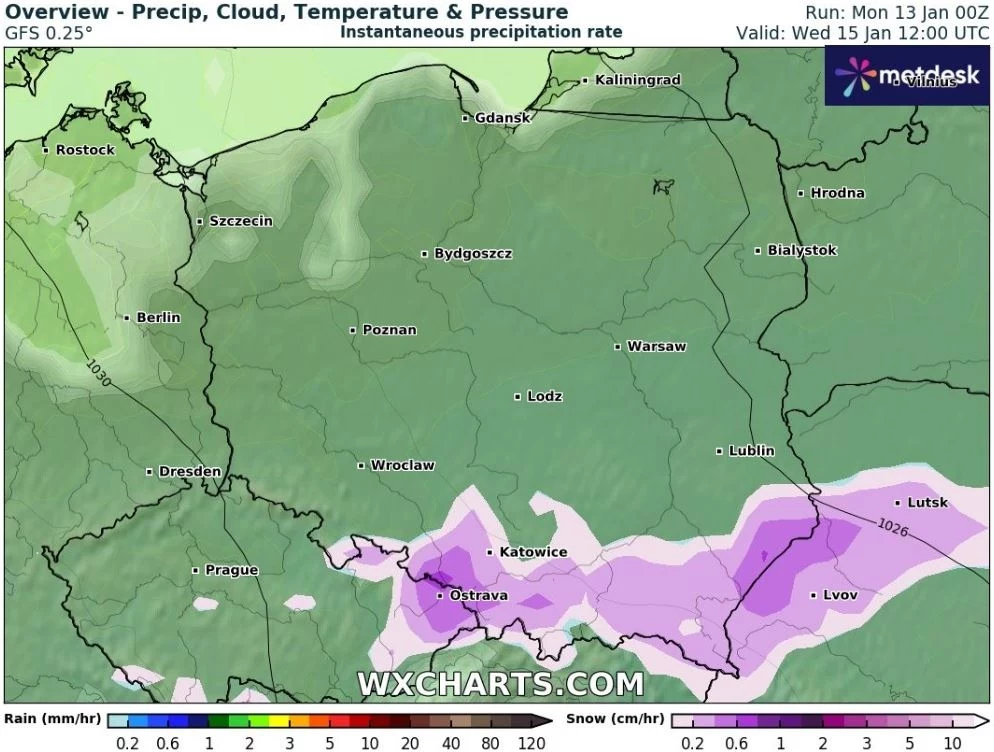 W środę śnieg będzie padać praktycznie tylko w górach. W reszcie kraju trzeba się liczyć z deszczem