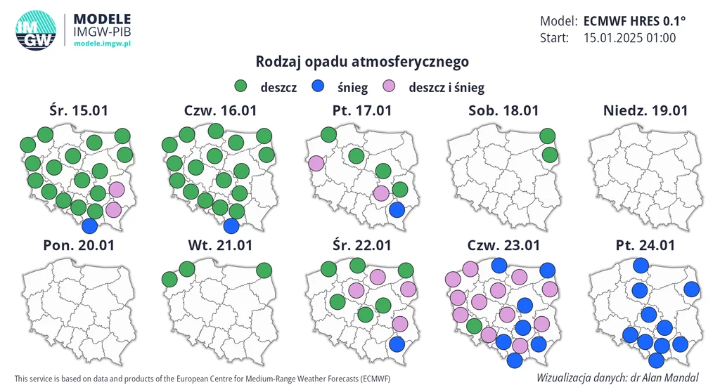 Po spokojniejszych dniach w drugiej połowie przyszłego tygodnia do Polski mogą wrócić opady deszczu, deszczu ze śniegiem i śniegu