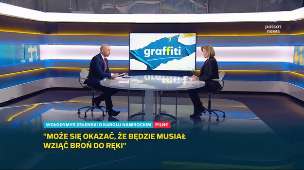 Joanna Mucha skomentowała w "Graffiti" słowa Wołodymyra Zełenskiego, który powiedział, że "może się okazać, że (Nawrocki - przyp. red.) będzie musiał wziąć broń do ręki. W rozmowie z Marcinem Fijołkiem wiceminister edukacji zaznaczyła, że nie chciałaby, aby ktokolwiek mieszał się do polskiej kampanii wyborczej.