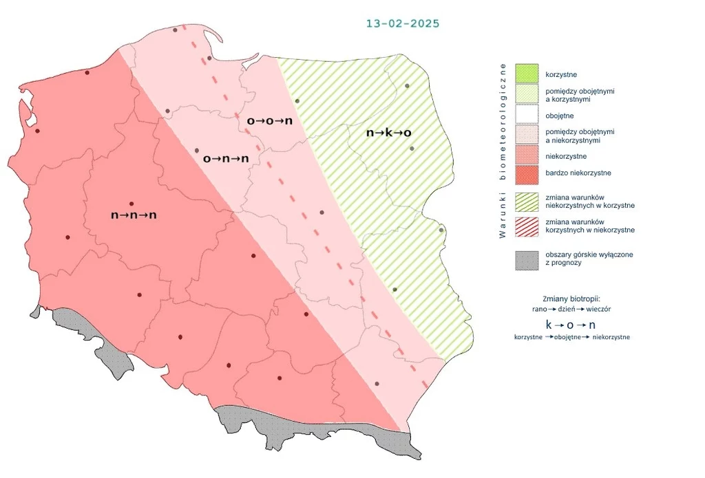 W przeważającej części kraju warunki biometeorologiczne będą niekorzystne lub obojętne. Przejściowo korzystne mogą być na wschodzie