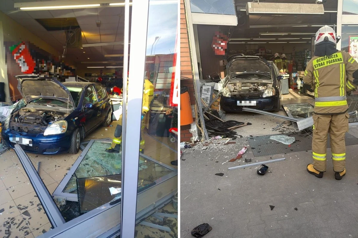 Groźny wypadek w Wielkopolsce. Kierowca samochodu osobowego wjechał w drzwi marketu w Starych Oborzyskach w powiecie kościańskim. Ranne zostały dwie osoby: sprzedawczyni oraz klientka. 