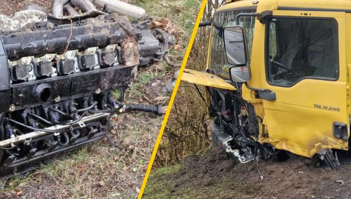 2 tys. zł i 10 punktów karnych - to kara dla 18-latka, który kierując bmw jechał tak szybko, że podczas wyprzedzania zderzył się z pojazdem ciężarowym. Siła uderzenia była tak potężna, że z bmw wyrwało silnik. Nastolatek miał prawo jazdy od dwóch dni. To cud, że nikomu nic się nie stało.