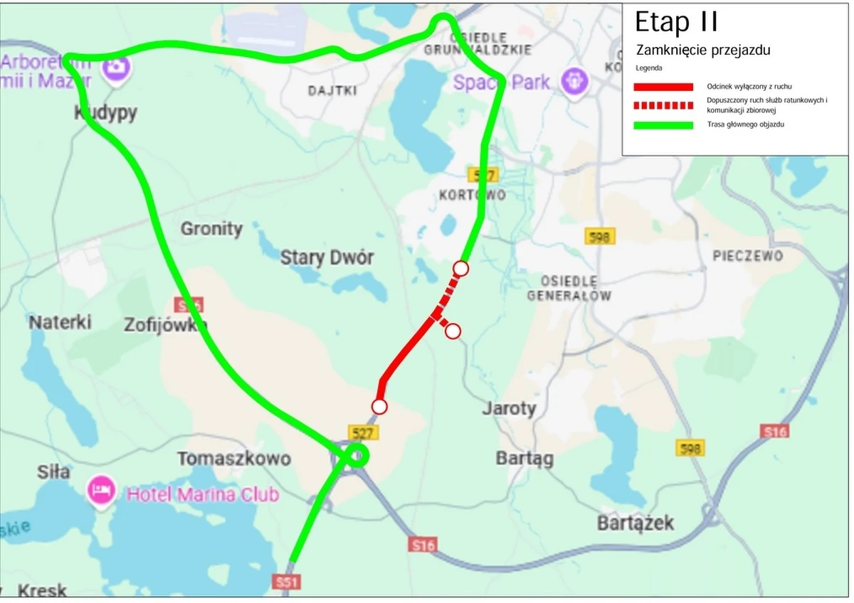 W sobotę na półtora roku zamknięty zostanie ponad dwukilometrowy odcinek drogi z Olsztyna do ekspresówki S51 w Tomaszkowie. Od granicy miasta do skrzyżowania z ulicą Nad Łyną dopuszczony będzie tylko ruch służb ratunkowych oraz komunikacji zbiorowej.