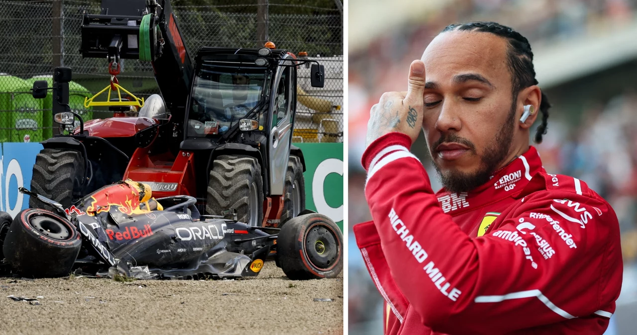 Rozbity bolid Yukiego Tsunody i Lewis Hamilton