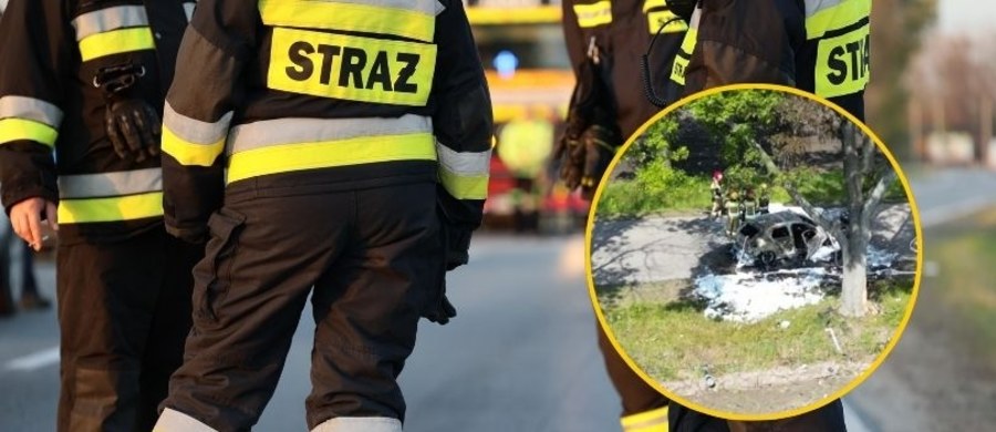 Tragiczny wypadek w miejscowości Zaborówek (pow. warszawski-zachodni). Elektryczne auto osobowe z impetem uderzyło w drzewo i stanęło w płomieniach. Kierowca zginął na miejscu. 