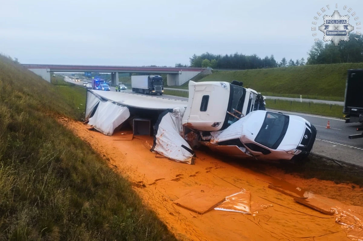 Kolizja na autostradzie A1, w rejonie miejscowości Wola Hankowska, w powiecie częstochowskim. Zderzyły się tam ciężarówka z busem. Z pojazdu ciężarowego wyciekł sos pomidorowy. 