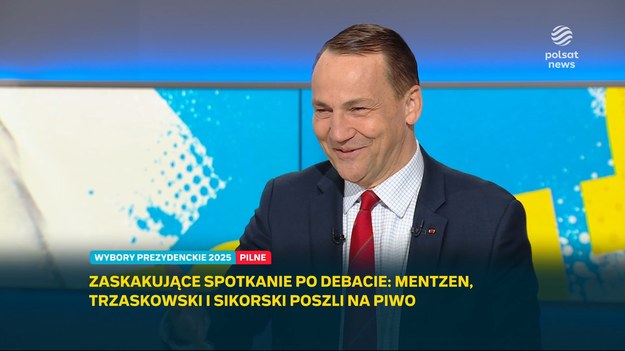 - To był bardzo miły wieczór, spędziłem tam ponad dwie godziny - tak spotkanie Rafała Trzaskowskiego ze Sławomirem Mentzenem w pubie opisał w "Graffiti" Radosław Sikorski. Minister spraw zagranicznych, który towarzyszył kandydatowi KO na prezydenta, mówił, że "znalazł wspólny język z ludźmi, którzy głosują na kogoś innego". Jak ocenił szef MSZ, polityk Konfederacji "dokładnie wiedział, co robi".