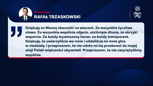 W poniedziałek po godzinie 11 prezydent Warszawy Rafał Trzaskowski odniósł się do swojej porażki w wyborach prezydenckich na platformie X. Podziękował swoim wyborcom i jednocześnie ich przeprosił. Zwrócił się też do Karola Nawrockiego.