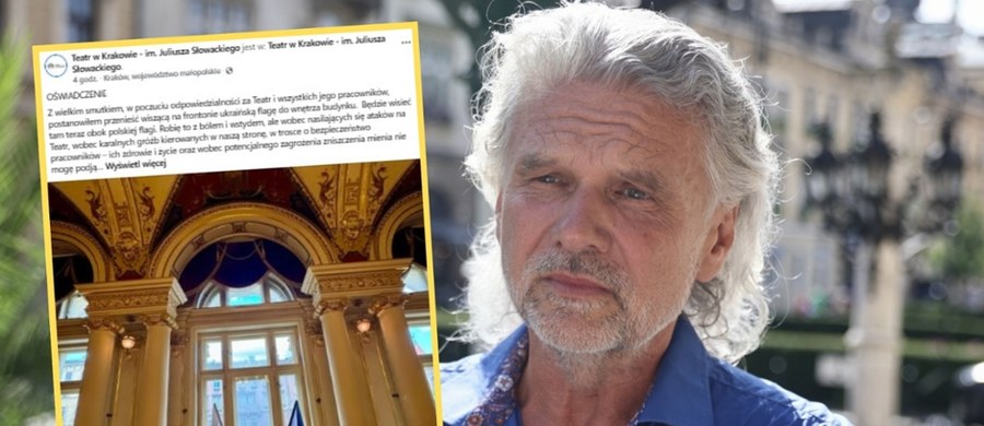 ​Dyrekcja Teatru im. Juliusza Słowackiego w Krakowie zdecydowała o przeniesieniu flagi Ukrainy z fasady budynku do jego wnętrza. Decyzja ta została podjęta w związku z nasilającymi się atakami i groźbami kierowanymi pod adresem instytucji. W ostatnich dniach flaga została bezprawnie zerwana zarówno z teatru, jak i z siedziby Towarzystwa Sokół.