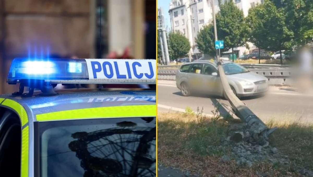 Groźny wypadek w Krakowie. Na jadący samochód przewróciła się latarnia uliczna. Jedna osoba została poszkodowana.