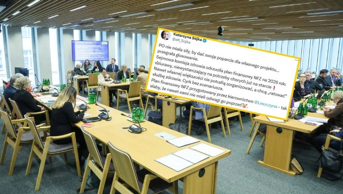 Sejmowa Komisja Zdrowia odrzuciła wniosek o pozytywne zaopiniowanie projektu planu finansowego Narodowego Funduszu Zdrowia na 2026 rok. Opozycja wskazuje, że nie zrealizowałby on wszystkich potrzeb pacjentów. "Nawet własnej większości nie potrafią zorganizować, a chcą 'ratować' służbę zdrowia. Cyrk bez scenariusza" - stwierdziła była minister zdrowia Katarzyna Sójka.