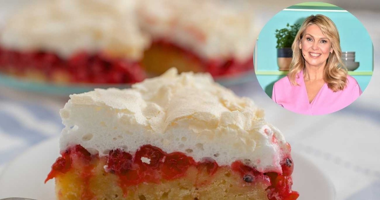 Przepis Ewy Wachowicz na ciasto porzeczkowe. Zdobi je wierzch delikatny jak chmurka