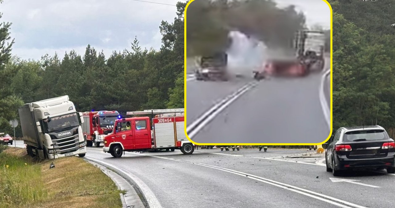 Kamera zarejestrowała dramatyczne zderzenie. Naczepa wpadła w poślizg