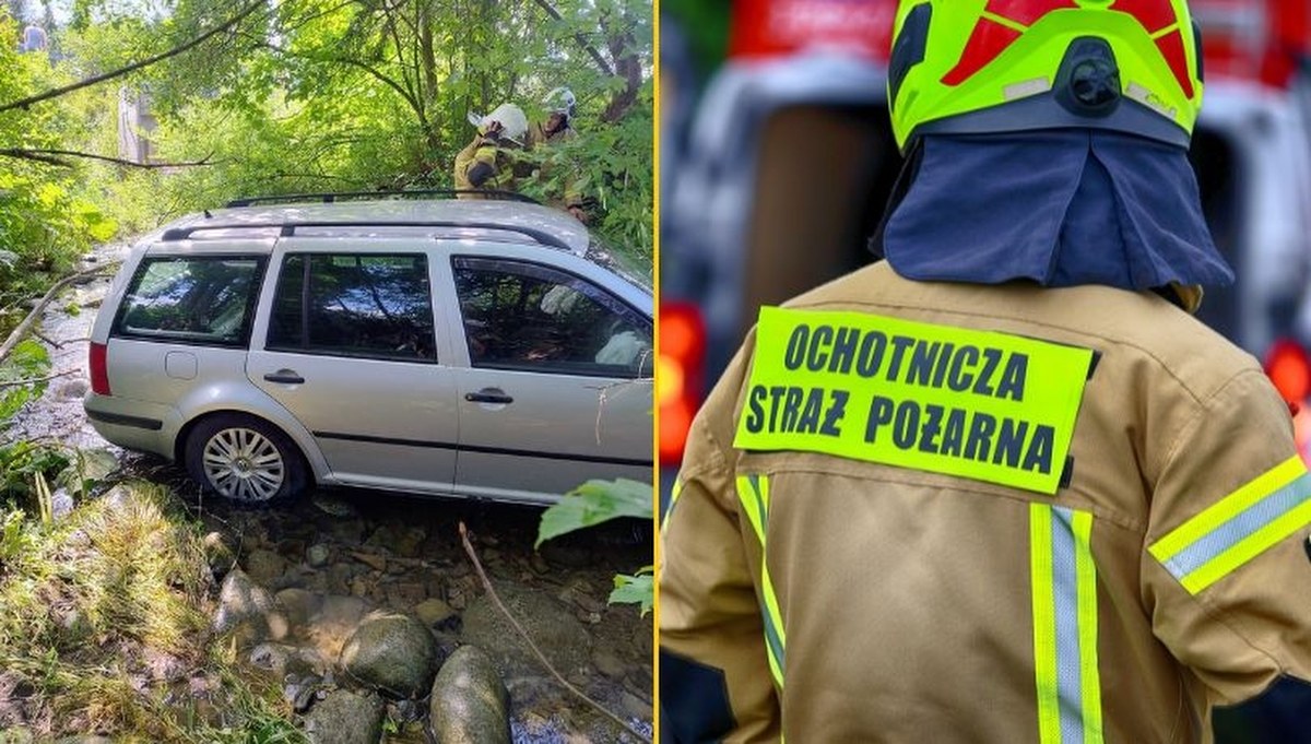 Auto wypadło z drogi i wjechało do potoku
