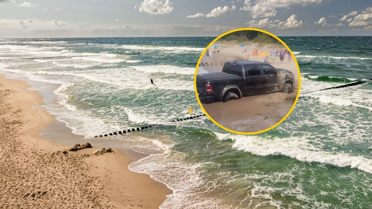 Między Sarbinowem a Chłopami kierowca wjechał samochodem do morza i utknął. Pomógł mu właściciel innego pojazdu. Nagranie tej sytuacji robi furorę na TikToku. 