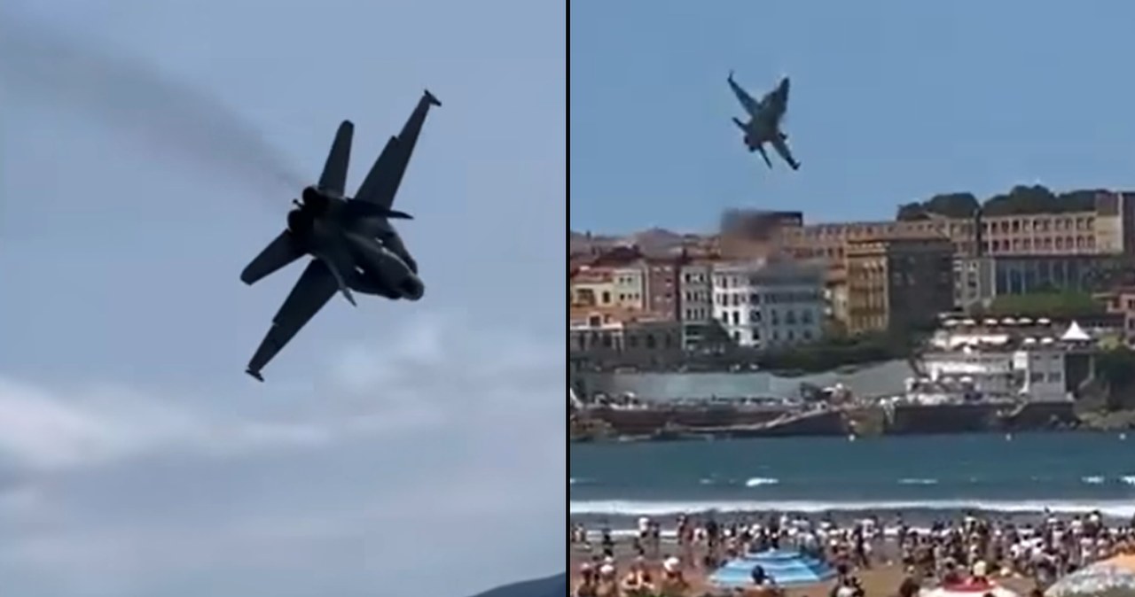 Gwałtowny manewr myśliwca nad plażą pełną ludzi. Sieć obiegły nagrania