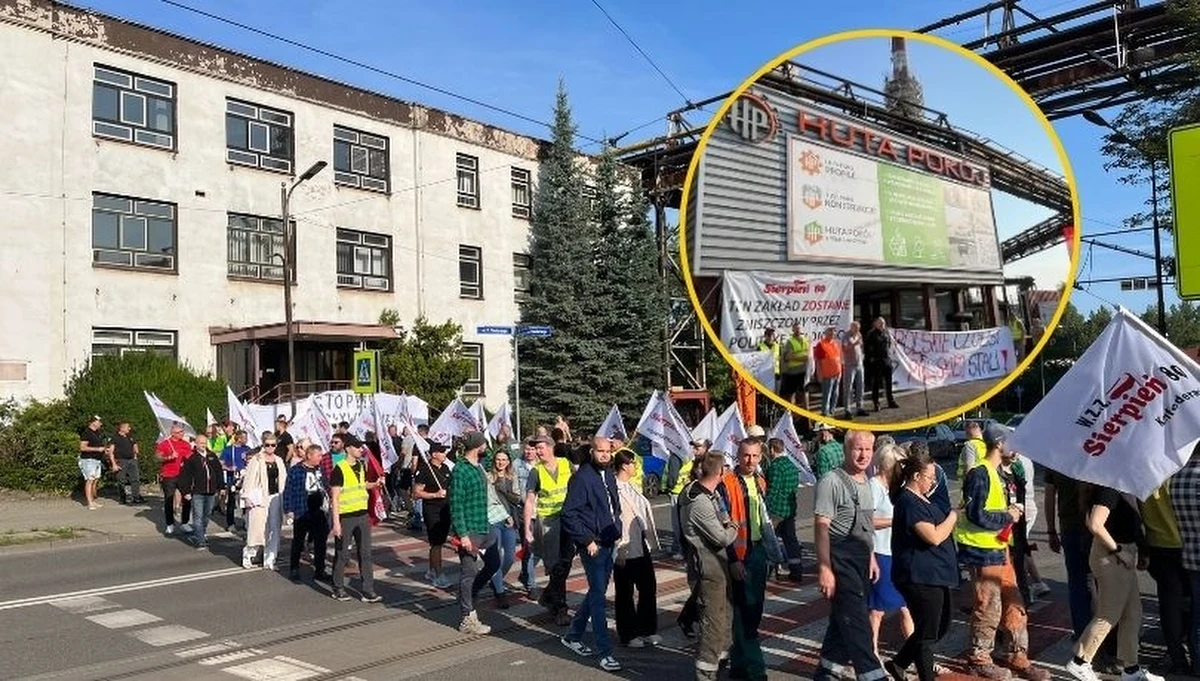 Protest hutników w Rudzie Śląskiej. Rano na ulicę przed Hutę Pokój wyszli pracownicy. Alarmują, że sytuacja w branży jest dramatyczna - między innymi z powodu napływu taniej stali ze wschodu. 