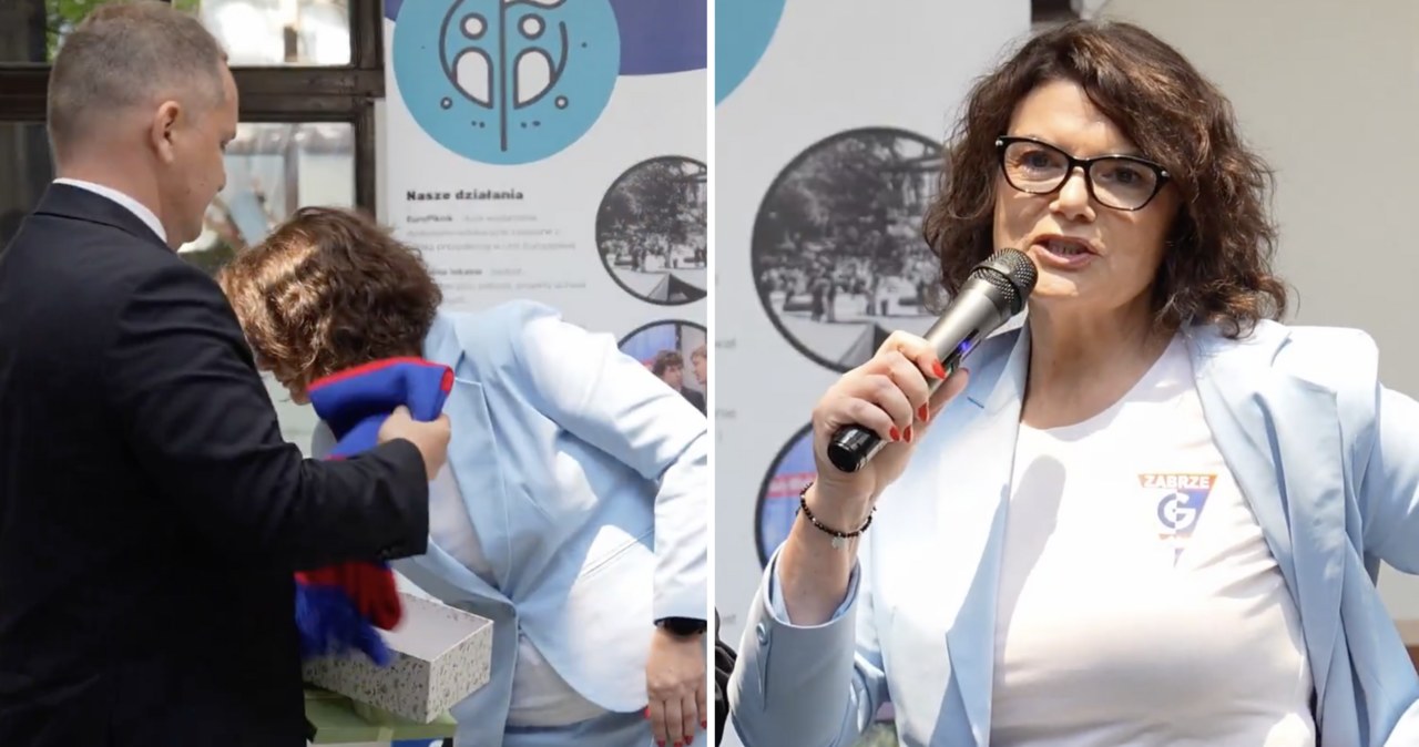 Sceny podczas debaty. Dostała szalik Piasta Gliwice, tak zareagowała