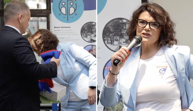 Sceny podczas debaty. Dostała szalik Piasta Gliwice, tak zareagowała