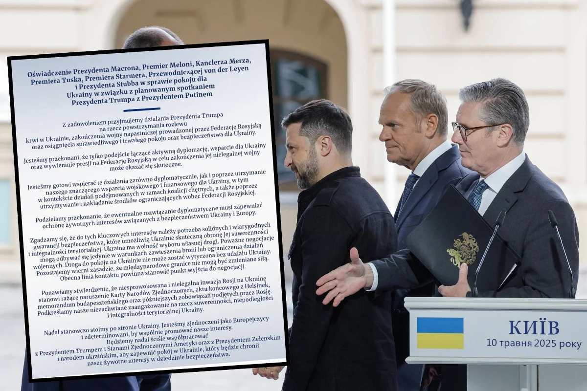 Liderzy sześciu państw Europy, w tym premier Polski Donald Tusk, a także szefowa Komisji Europejskiej Ursula von der Leyen wydali wspólne oświadczenie w sprawie Ukrainy. Podkreślili w nim, że "pozostają wierni zasadzie, zgodnie z którą granic międzynarodowych nie można zmieniać siłą".