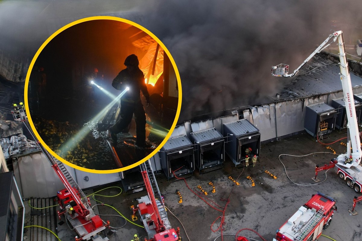Wielki pożar hali na Kaszubach opanowany. realizowane są poszukiwania strażaka